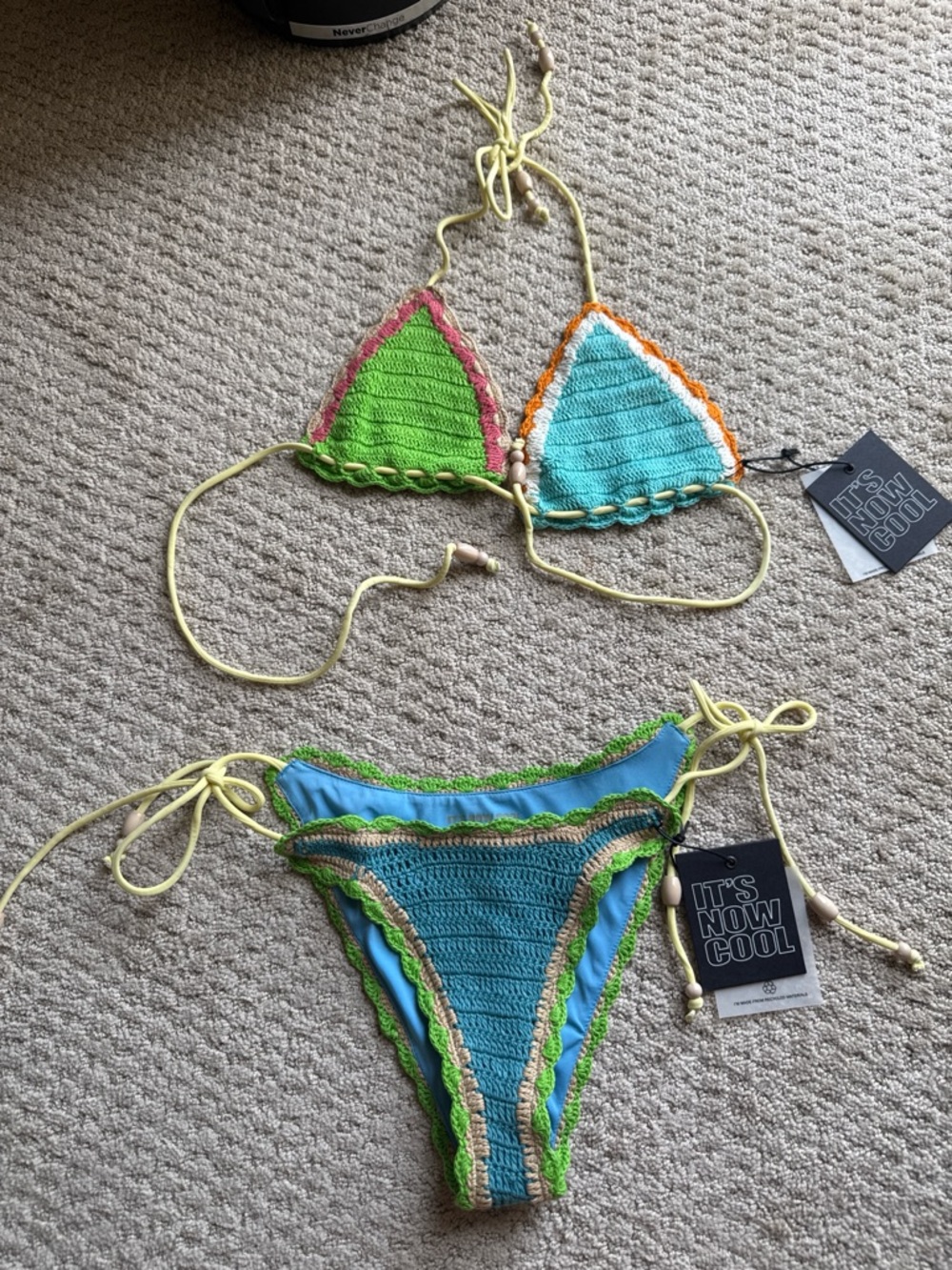 REVOLVE Crochet-Trim Bikini Set in Green, Turquoise & Pink